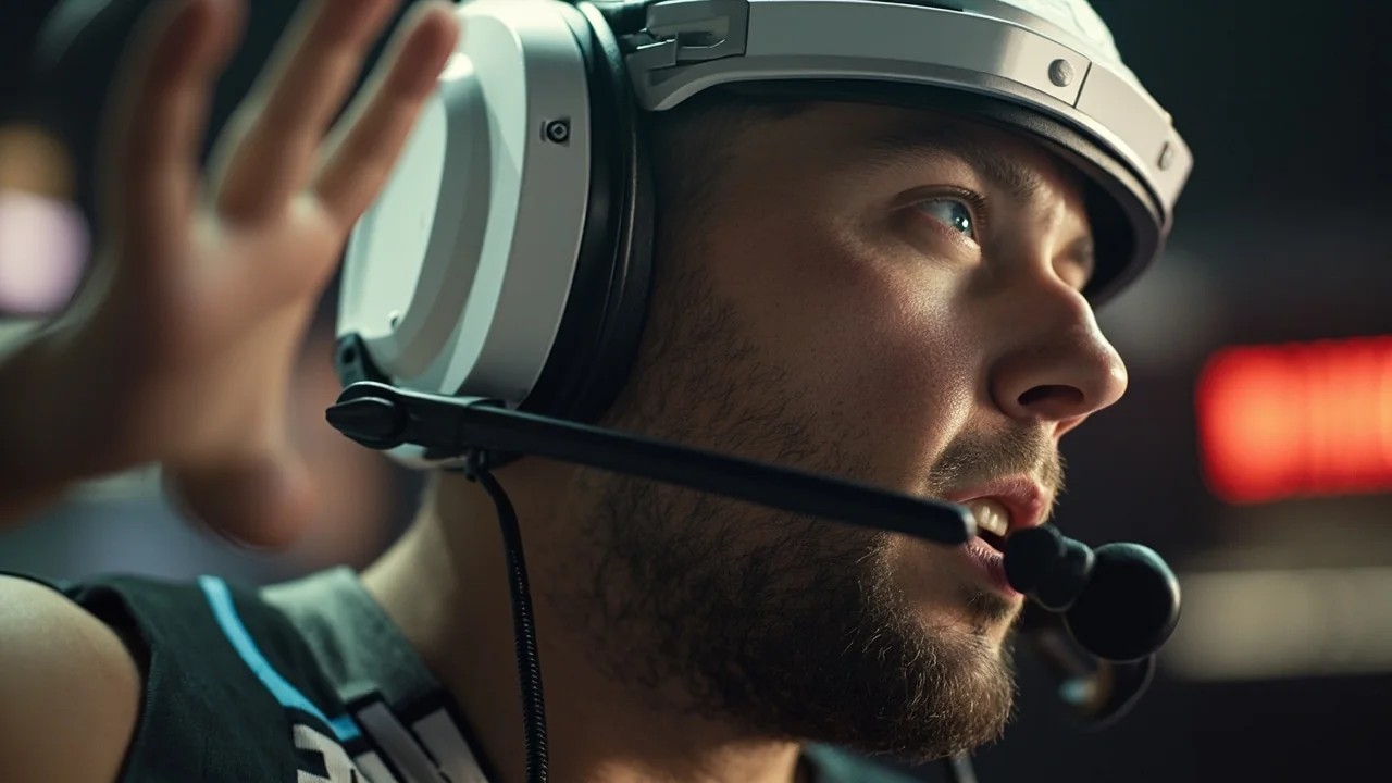 Close editorial frame of a single player at a competition desk during a round, hand on the mouse, monitor in soft focus