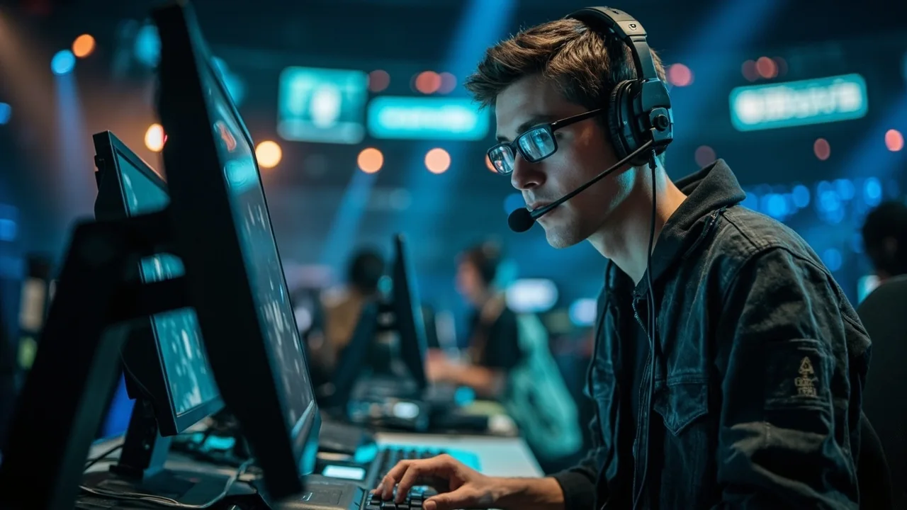 Medium view of a review station showing a monitor, keyboard and headset arranged for match analysis