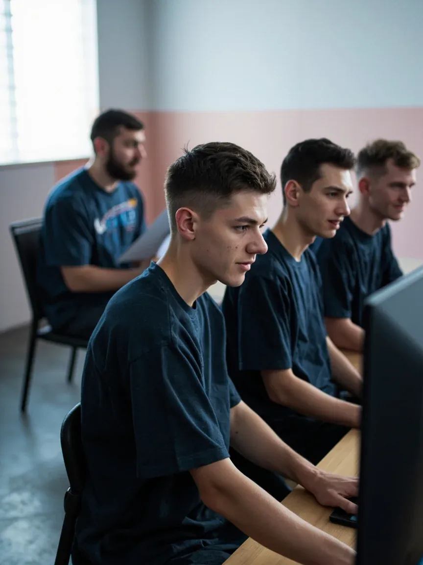 Editorial documentary photograph of a team practice room with a coach and two players at monitors